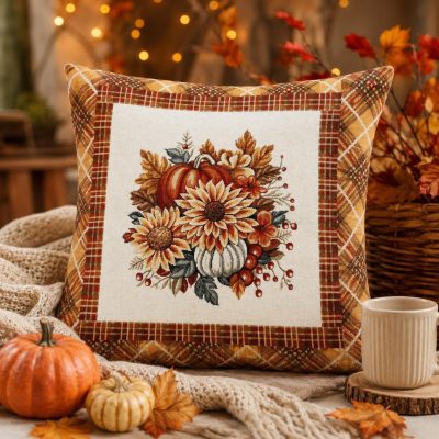 Față de pernă decorativă- buchet floral și chenar în carouri