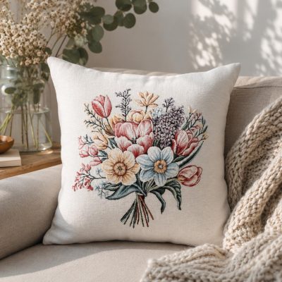 Față de pernă decorativă-buchet de flori primăvară