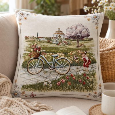 Față de pernă decorativă-peisaj de primavara cu bicicleta