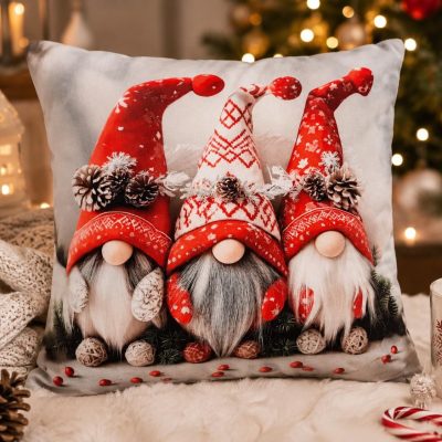 Față de pernă decorativă de Crăciun-Gnomi veseli cu căciuli roșii