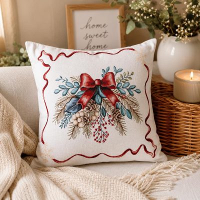 Față de pernă decorativă de Crăciun-buchet festiv cu fundă