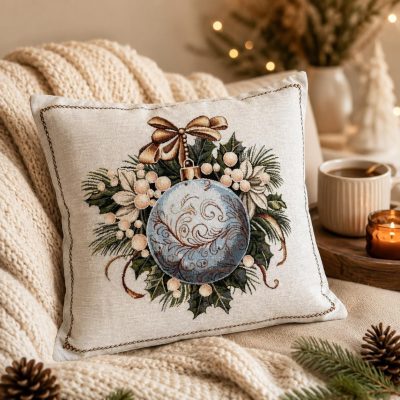 Față de pernă decorativă de Crăciun-Glob albastru frosty și coroniță