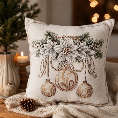 Față de pernă decorativă de Crăciun-Floarea Crăciuniței și globuri aurii/argintii